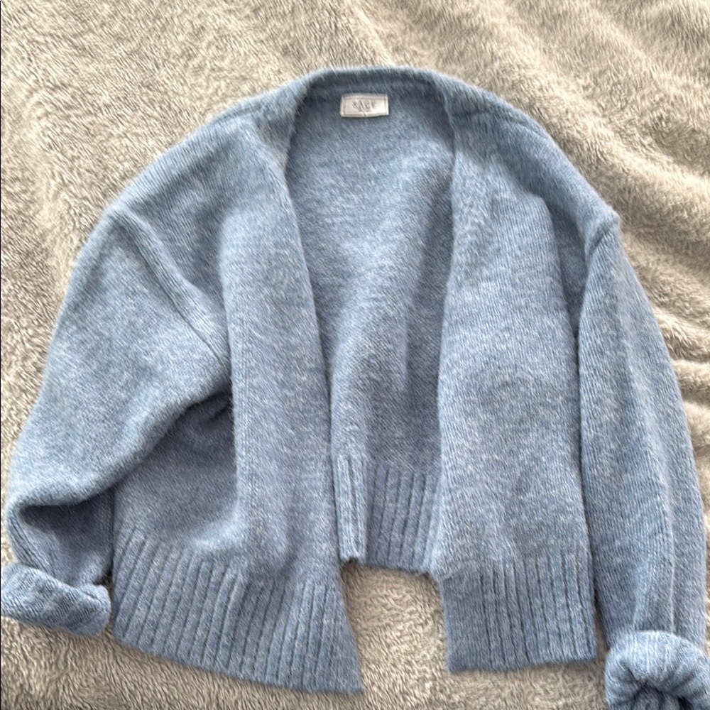 Sage Blue Cardigan Sweater Open Front Relaxed Fit